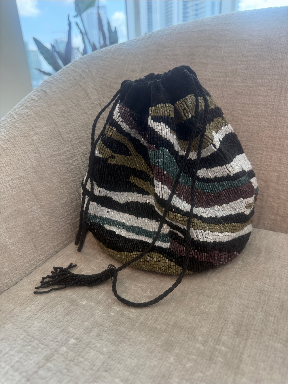 Zara Beaded Drawstring Mini Bag in Black, White, Olive, Teal, Brown
